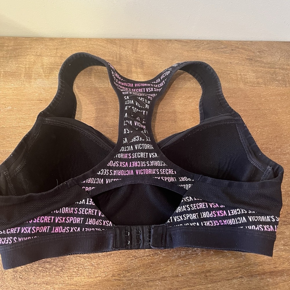 Victoria's Secret VSX Sports Bra 32B Black Pink Logo Athletic Racerback Workout - Picture 3 of 14